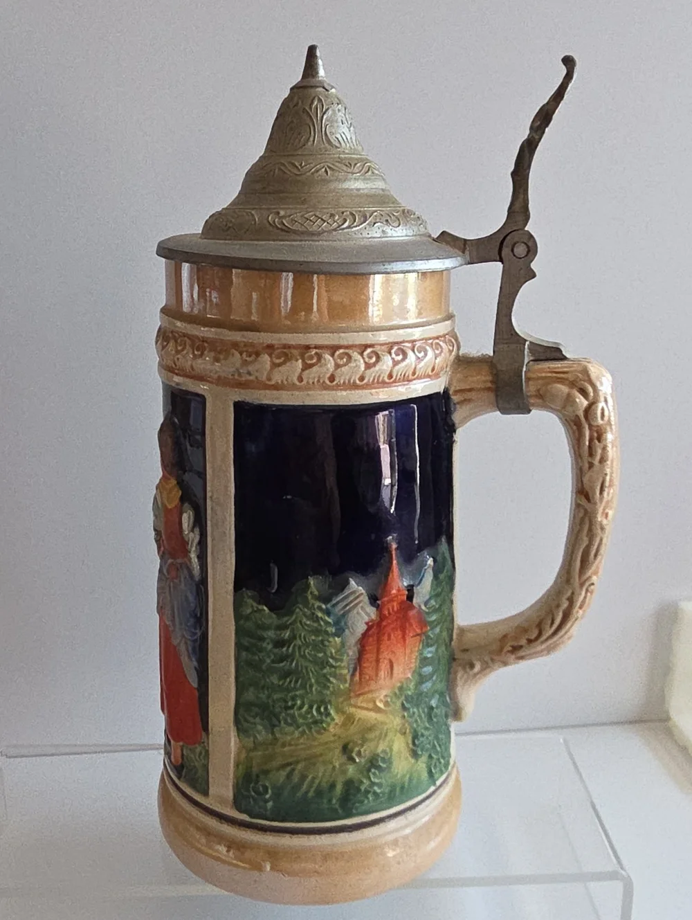 Vintage Original Gerz German Beer Stein w/ Pewter Lid -Cobalt Blue Tavern Scene
